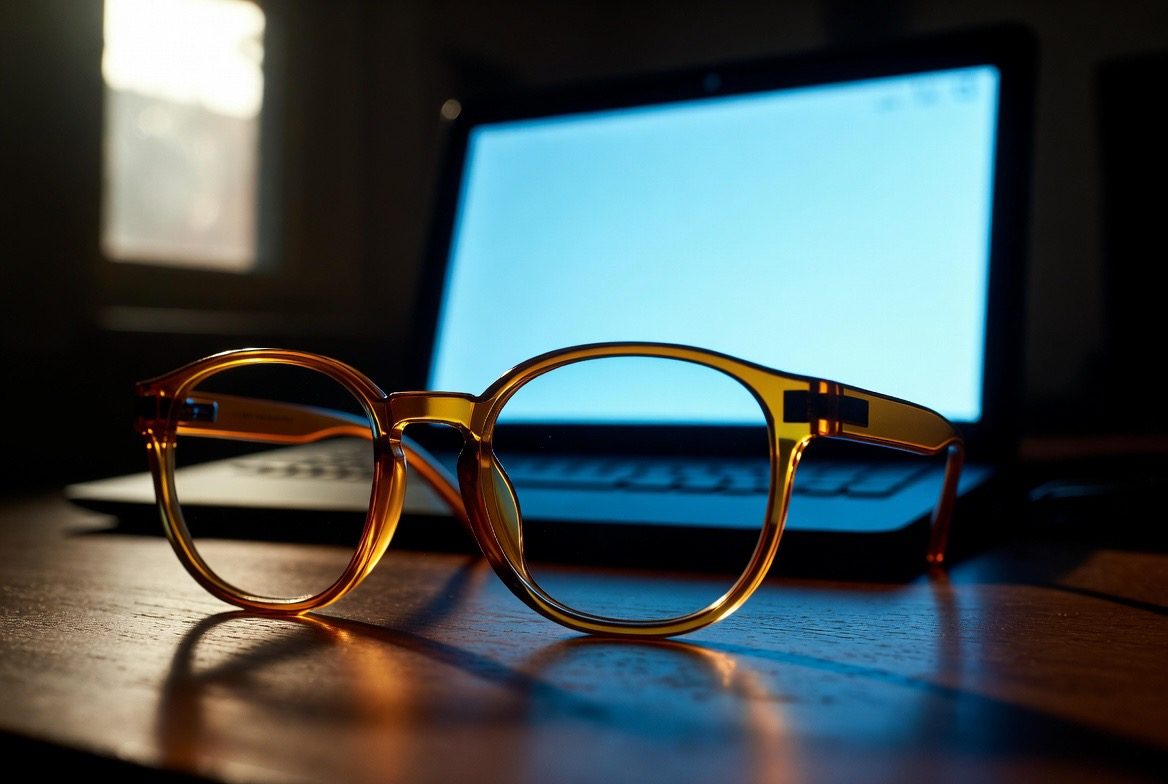 A pair of amber-tinted blue-light-blocking glasses resting on a desk beside a glowing laptop screen in a dim, low-light room at night