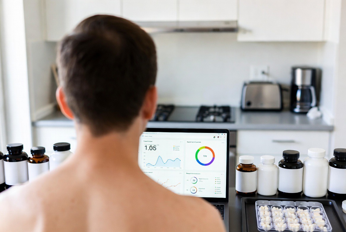 A person seen from behind facing a kitchen counter lined with dozens of supplement bottles and a laptop showing a health-biomarker dashboard