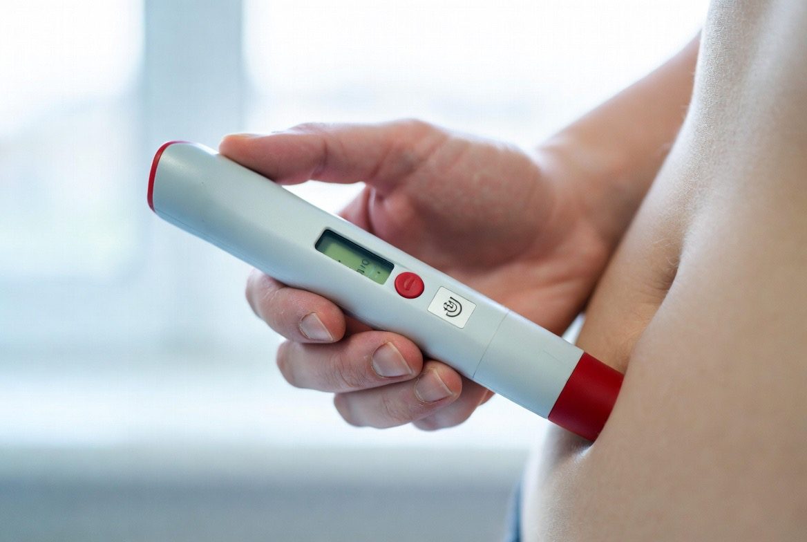 A hand holding a white-and-red once-weekly weight-loss injection pen against the abdomen, ready to deliver a subcutaneous dose in a clean clinical setting