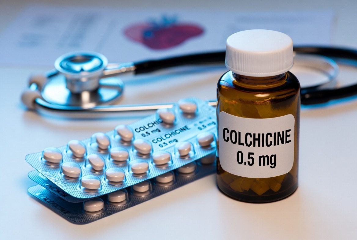 A silver blister pack of small round tablets beside an amber prescription bottle labelled COLCHICINE 0.5 mg, with a stethoscope and a heart diagram blurred behind on a clean clinical surface