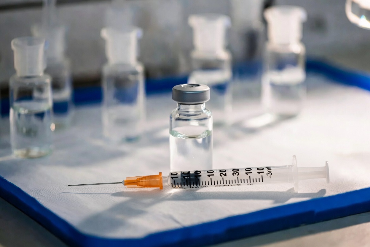 A clear glass research peptide vial with a metal cap and an insulin syringe on a clinical lab bench, more vials blurred behind