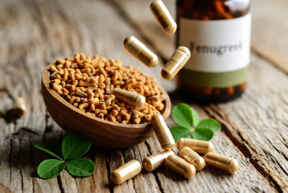 A wooden bowl of golden-brown fenugreek seeds beside amber fenugreek extract supplement capsules and fresh green fenugreek leaves, with a labeled fenugreek supplement bottle on a rustic wooden surface