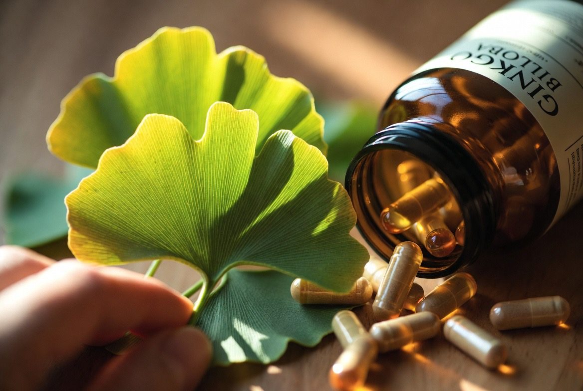 A hand beside distinctive fan-shaped green ginkgo biloba leaves next to an amber bottle labeled GINKGO BILOBA spilling ginkgo extract capsules onto a warm wooden surface