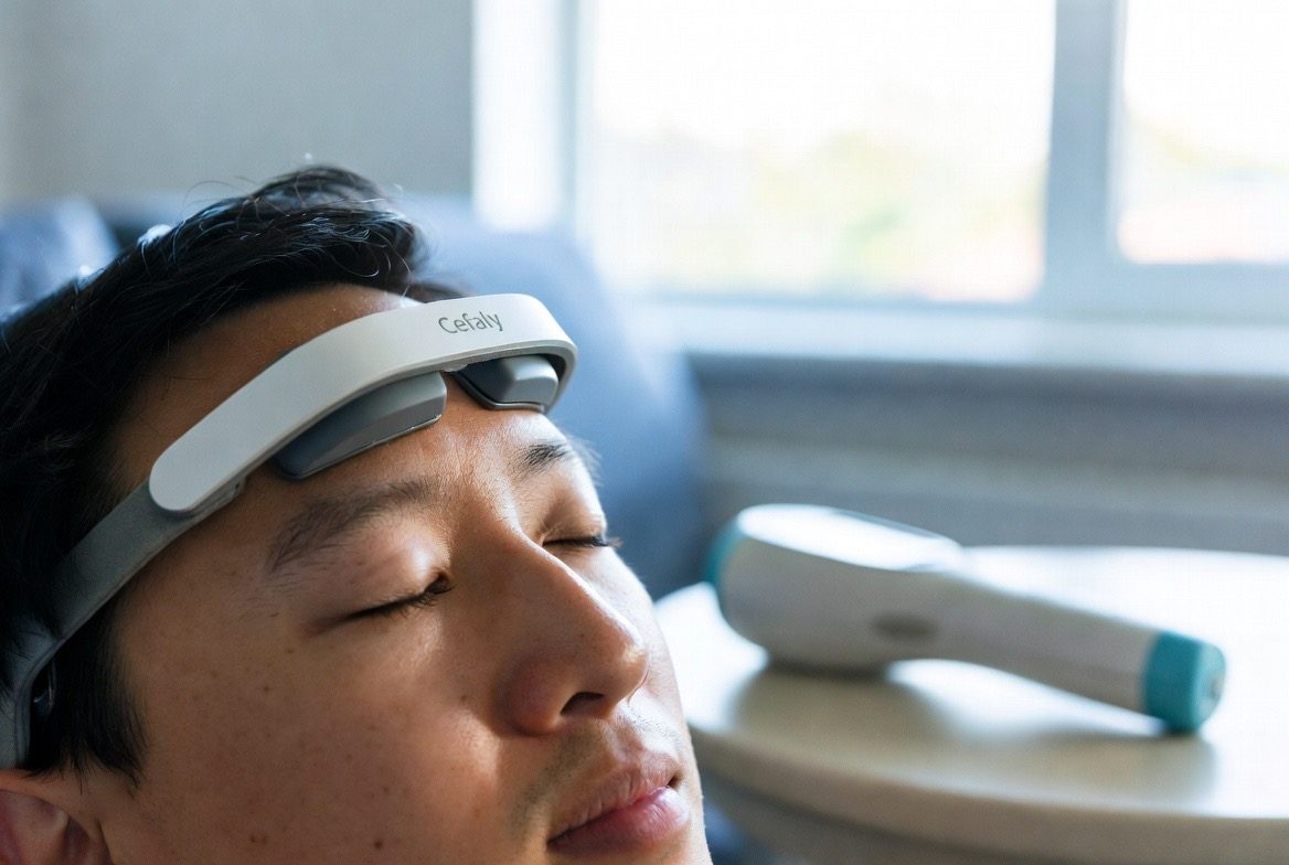A man reclining with eyes closed wearing a Cefaly external trigeminal nerve-stimulation device on his forehead for migraine relief, a handheld neuromodulation unit resting on the table beside him