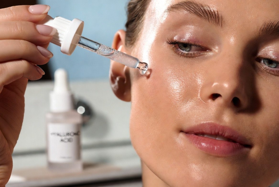 A woman applying clear hyaluronic acid serum from a glass dropper to her cheek, a droplet on the pipette, with a frosted bottle labelled HYALURONIC ACID in the foreground under soft spa lighting