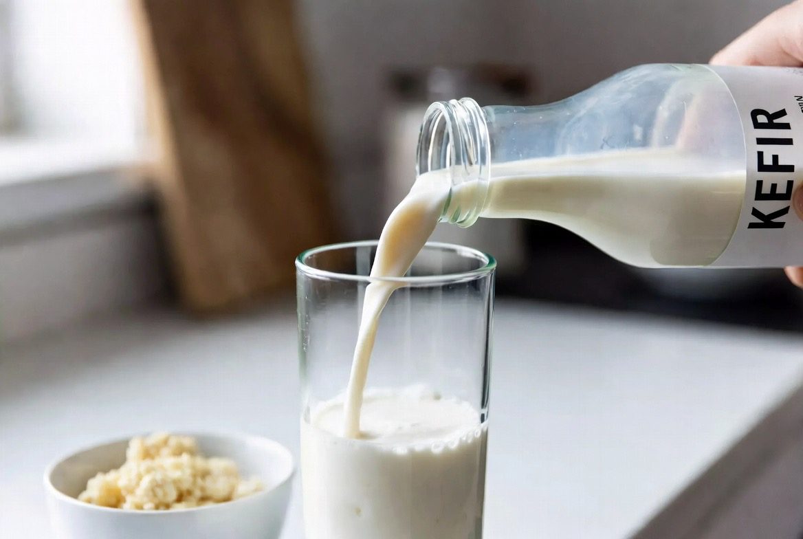 A hand pouring creamy white kefir from a bottle labelled KEFIR into a tall glass, with a bowl of pale cauliflower-like kefir grains beside it on a bright kitchen counter