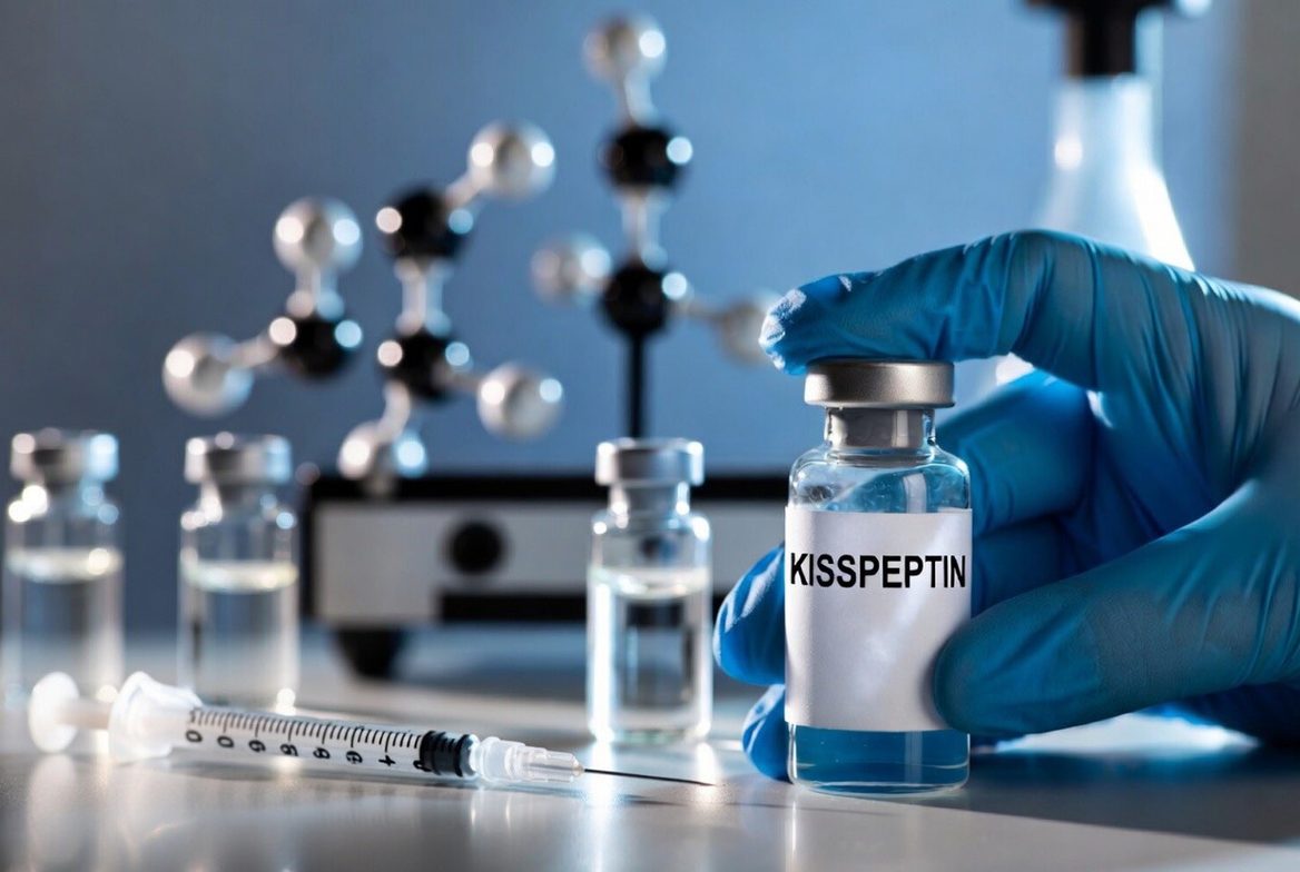 A blue-gloved researcher's hand holding a clear glass peptide vial labelled KISSPEPTIN on a laboratory bench, with a syringe and a molecular hormone-structure model behind it, evoking reproductive endocrinology research