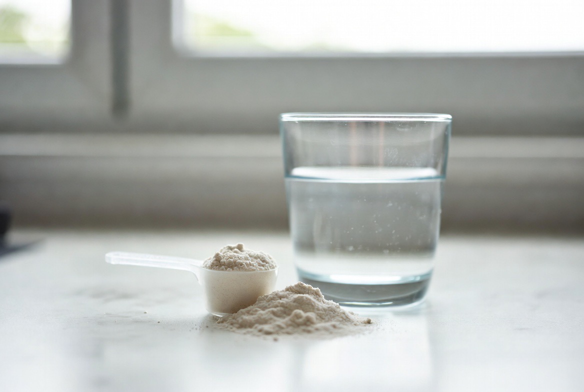 White L-tyrosine amino-acid supplement powder spilling from a capsule onto a clean neutral surface in soft natural light