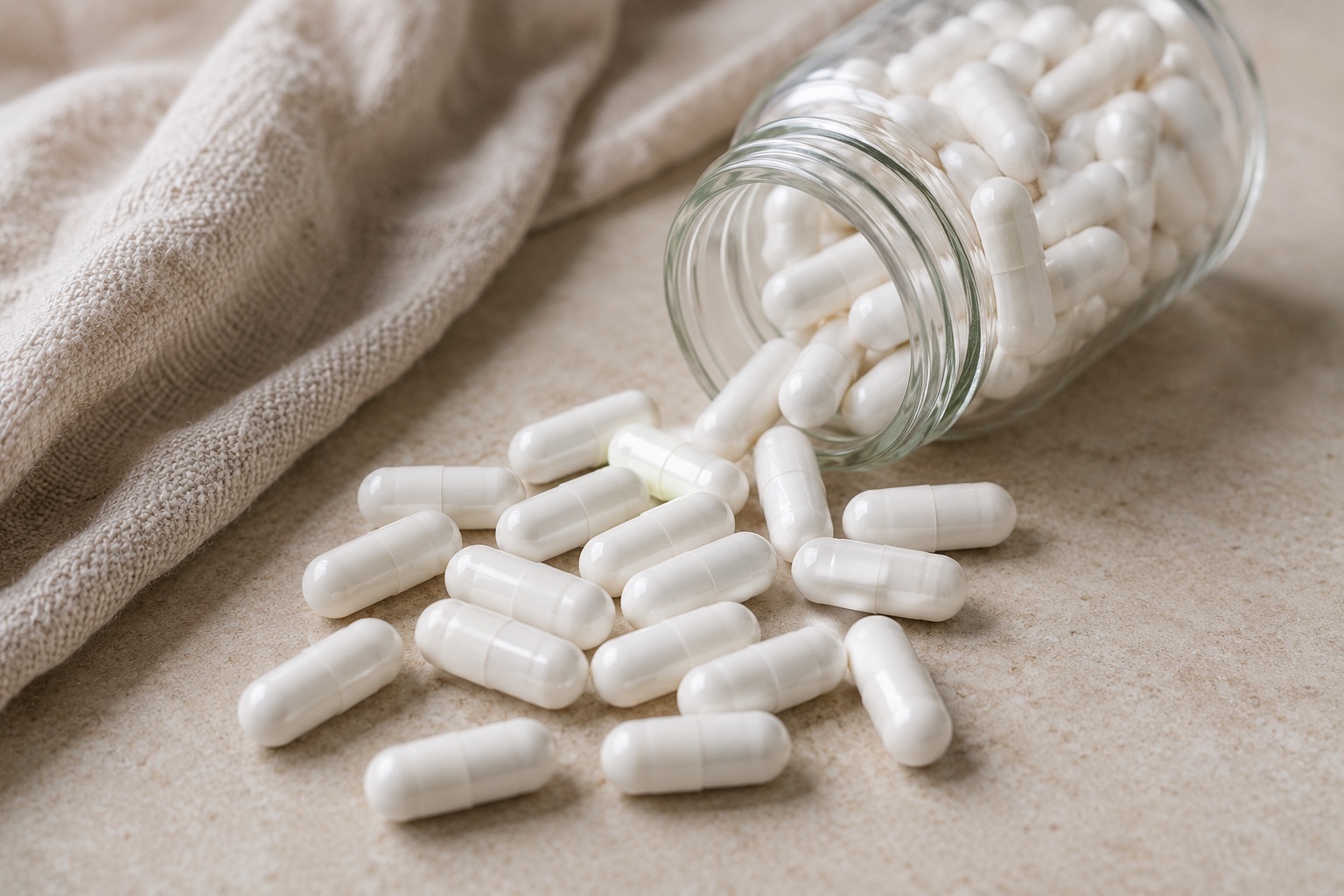 Plain white magnesium glycinate capsules spilling from a clear glass jar onto a soft neutral cloth, no brand labels