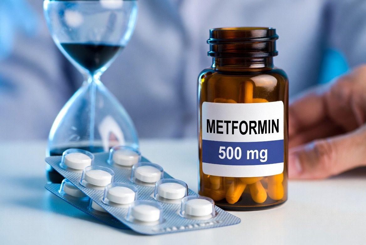 An amber prescription pharmacy bottle labelled METFORMIN 500 mg beside a silver foil blister pack of round white metformin tablets, a longevity hourglass and a hand behind, in a clinical white setting