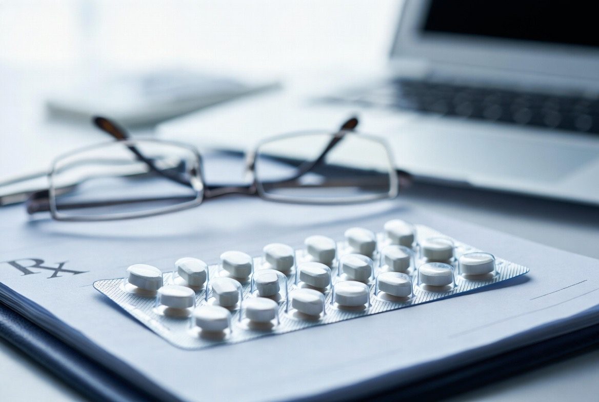 A silver foil blister pack of round white modafinil tablets resting on a doctor's Rx prescription pad, with reading glasses and a laptop blurred behind on a desk