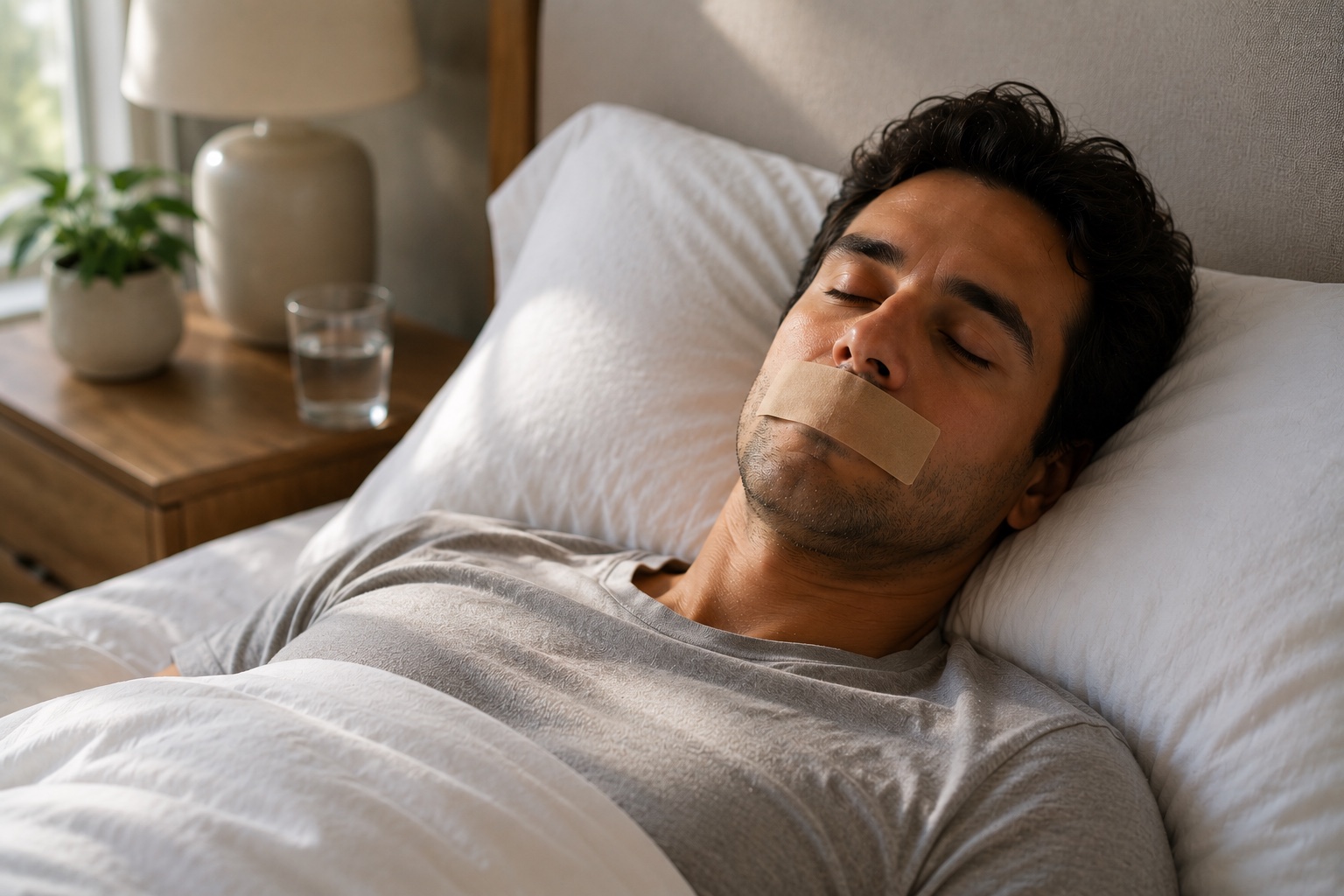 A man asleep on his back in a calm bedroom with a small strip of skin-tone tape over his closed lips — mouth taping to encourage nasal breathing overnight