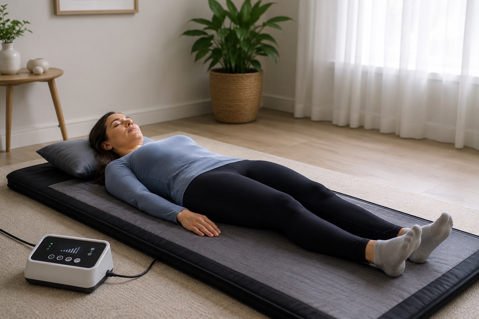 A woman lying relaxed on a full-body PEMF therapy mat with its control console beside her in a calm home room