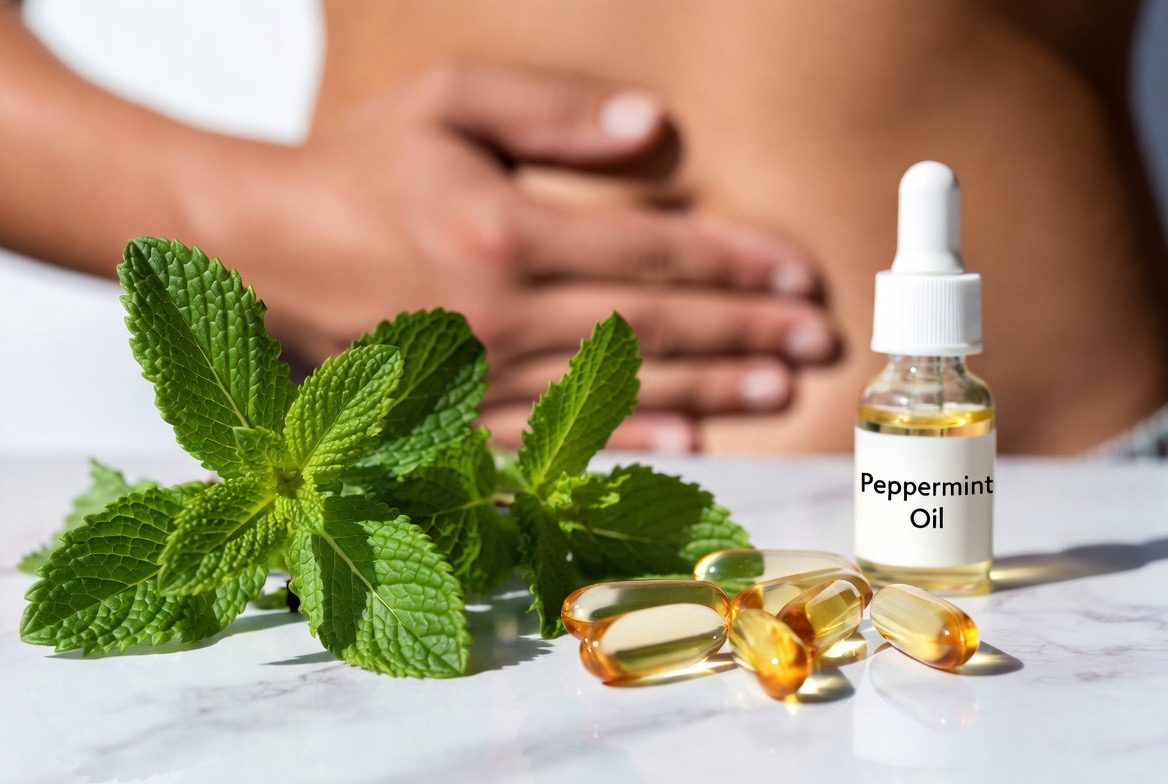 Fresh green peppermint leaves beside amber enteric-coated peppermint oil softgel capsules and a labeled Peppermint Oil dropper bottle, with a person resting a hand over the stomach blurred behind for IBS relief