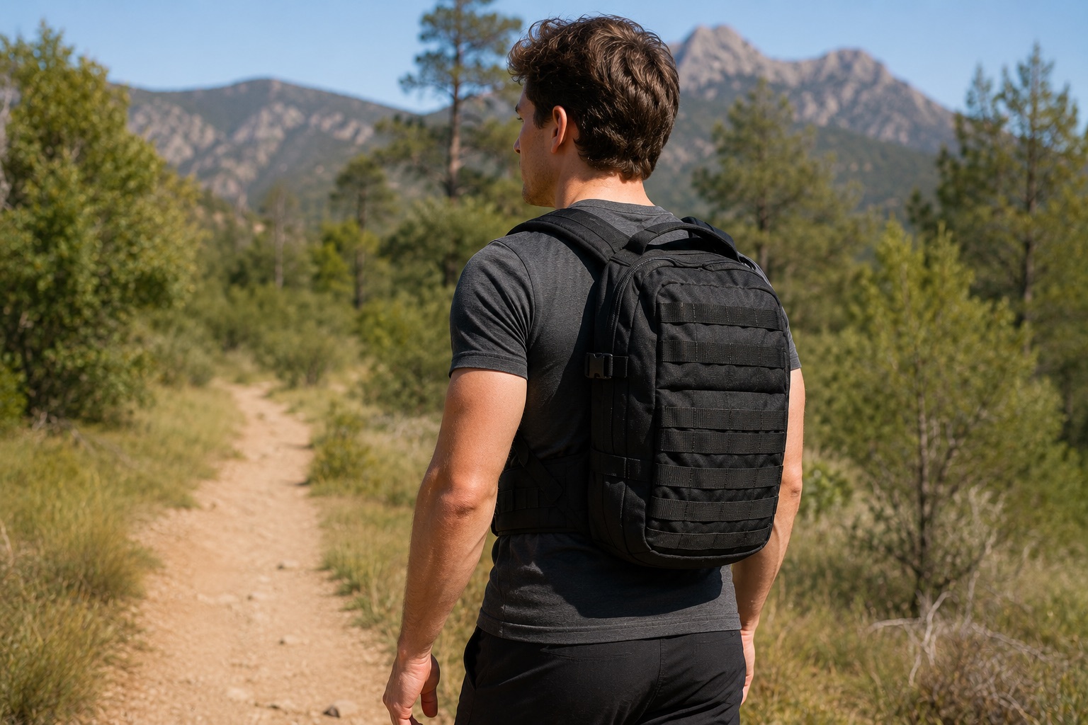 A person walking outdoors on a trail wearing a loaded rucksack, lower back and pack straps in focus &mdash; weighted walking, the activity behind the rucking research