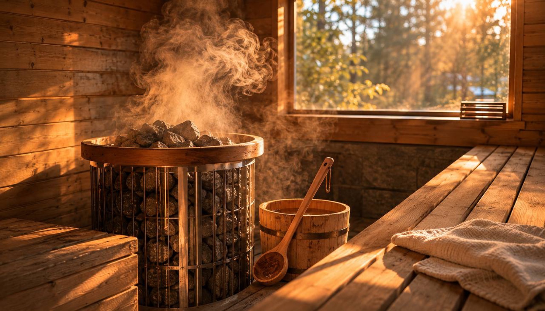 Traditional Finnish wood-paneled sauna with steam rising from heated stones in golden hour light