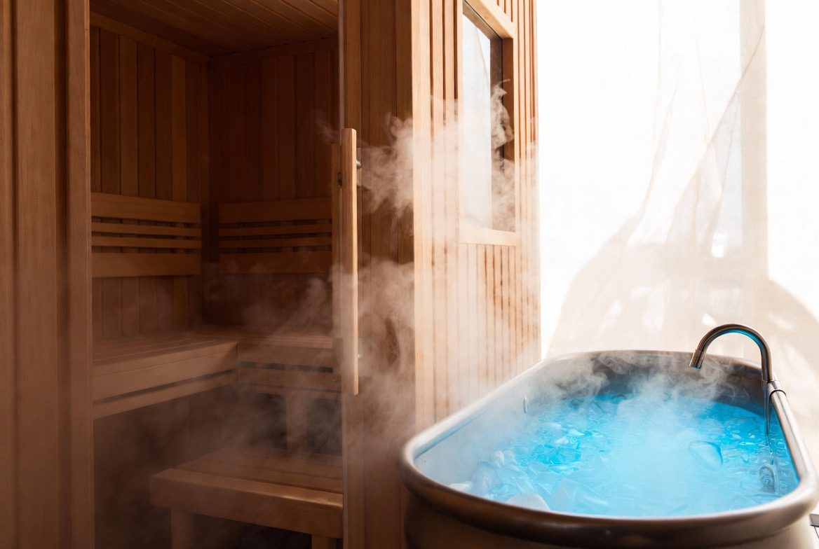 A warm wooden sauna with rising steam sits beside a stainless cold plunge tub filled with icy water, the two set up side by side for alternating hot and cold contrast therapy
