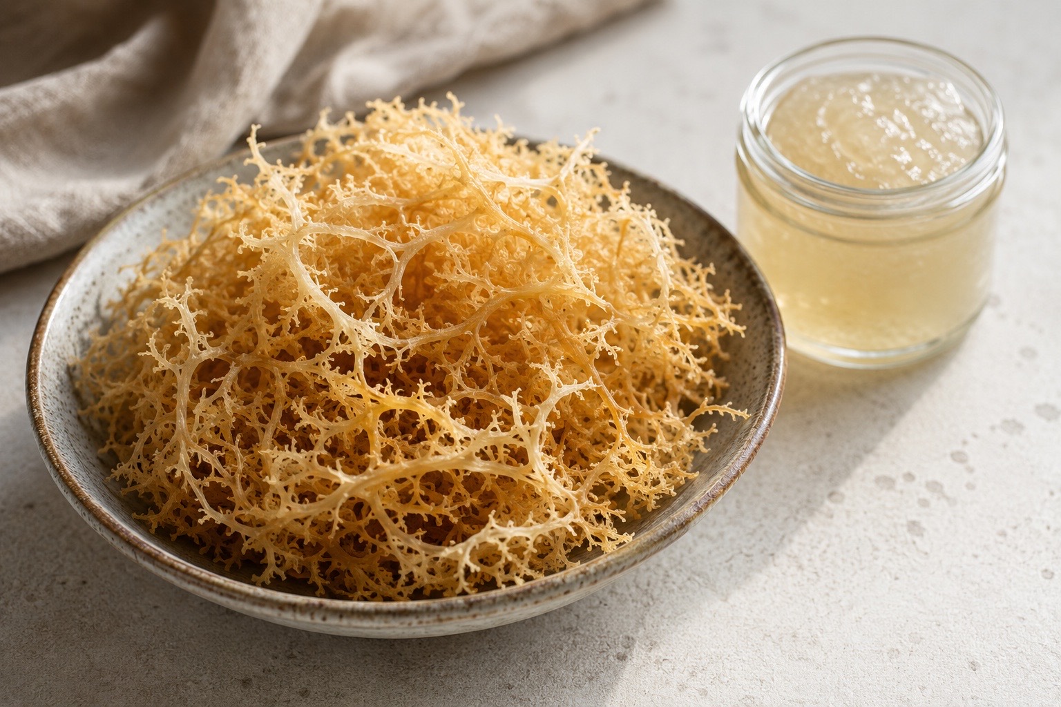 A bowl of dried golden-tan sea moss with its branching antler-like strands, beside a small jar of pale sea moss gel — the actual supplement form