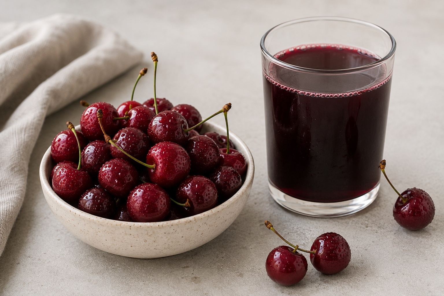 A bowl of deep-red fresh tart cherries beside a glass of dark purple-red cherry juice on a neutral surface in soft natural light