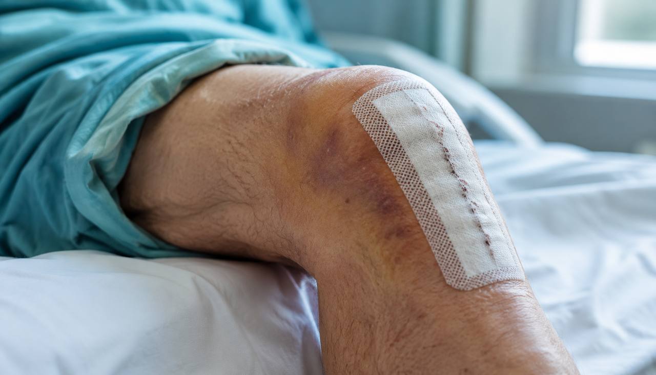 Male patient in clinical examination room with knee being assessed by a healthcare provider before orthopedic surgery